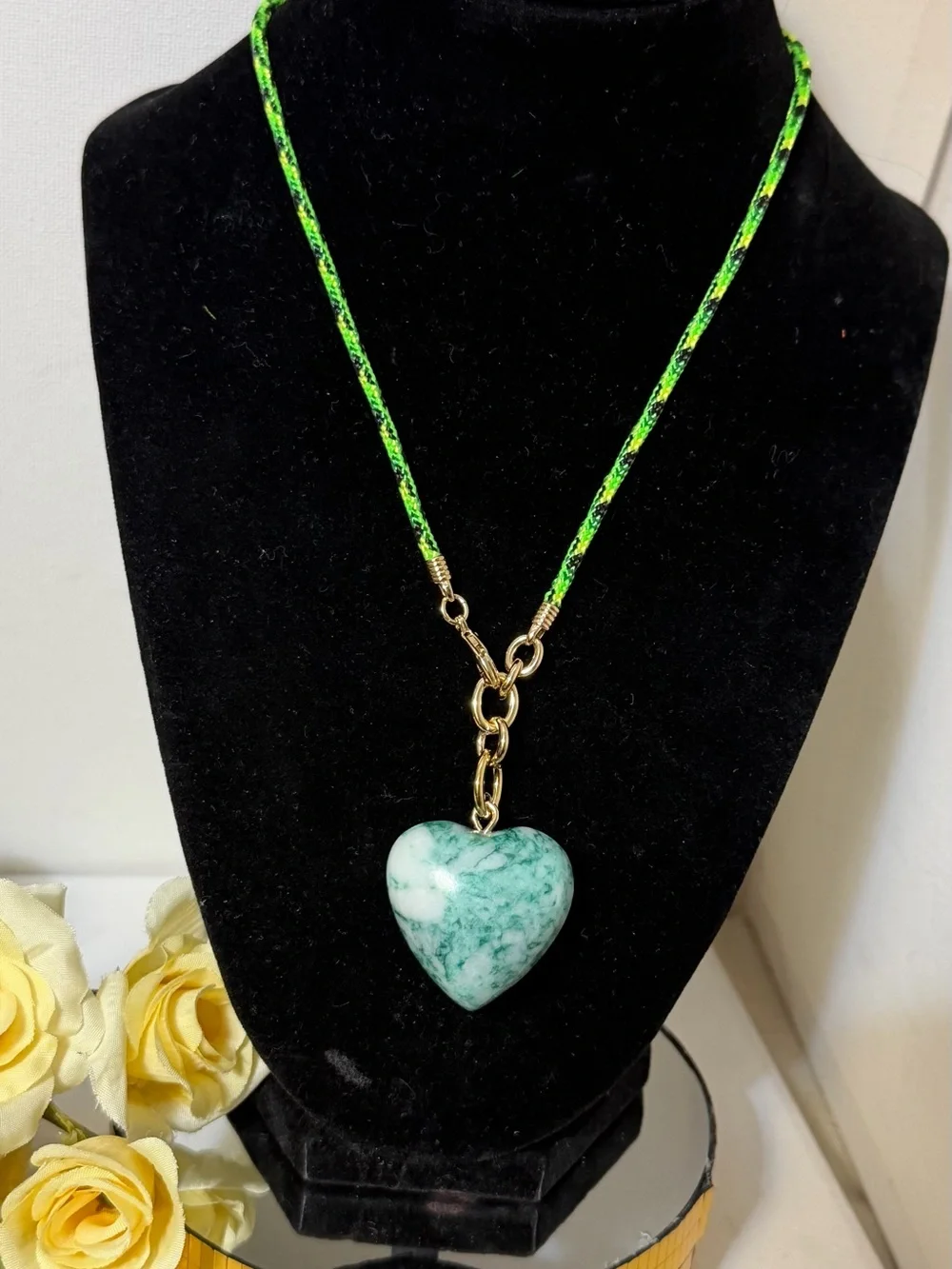 Roxanne Assoulin Moss Agate Cordon Necklace with Marbled Heart Pendant NEW
